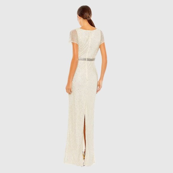 NWT Mac Duggal Beaded Short Sleeve Column Gown Nude Silver 2 #A0177 - Picture 4 of 8
